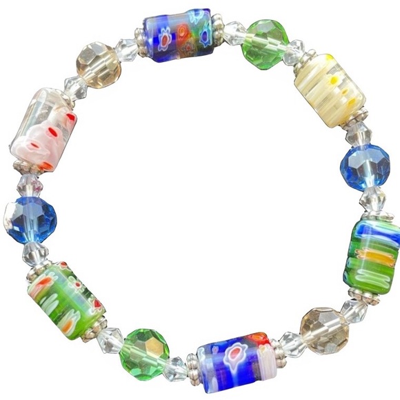 Stretch Beaded Bracelet Embedded Flowers Silver Accents - Picture 1 of 12